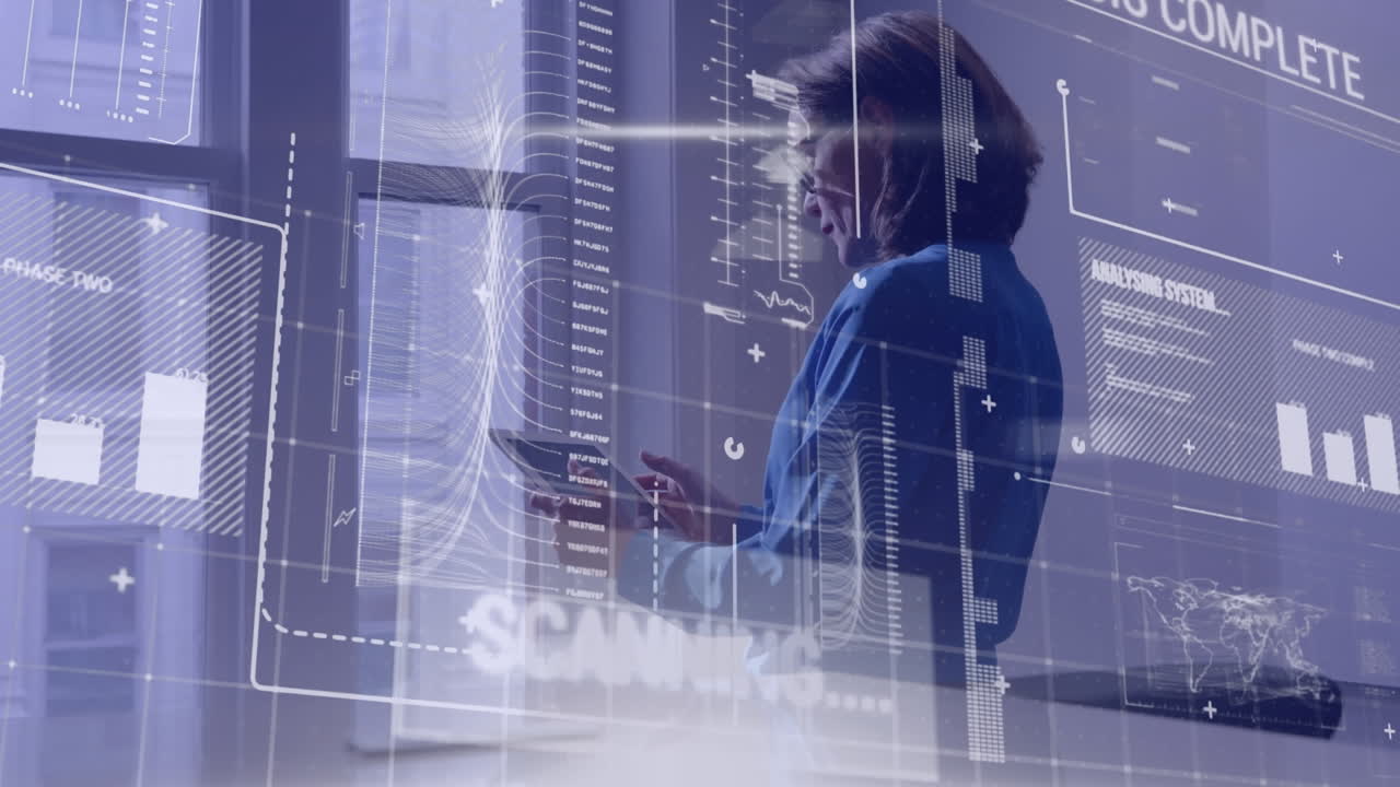Animation of data processing over caucasian businesswoman in office