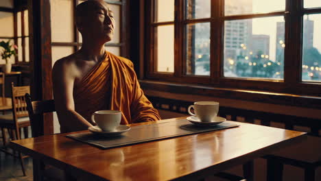 buddhist monk in meditation at a cafe