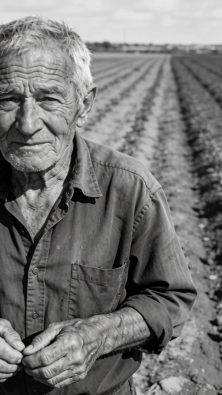 Video verticale: Agricoltore anziano che tiene un seme, lo conta e lo ispeziona nelle file del campo, spazio per il testo