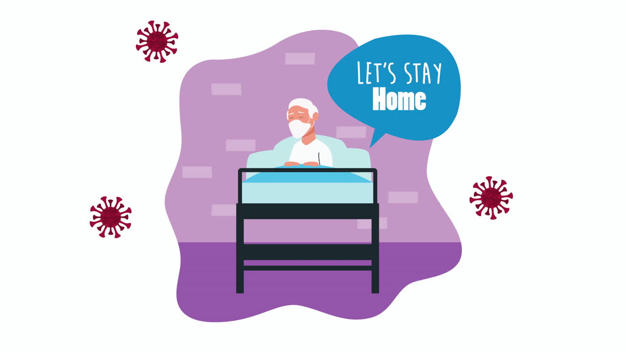 침대에 누워있는 노인은 covid-19 예방 방법을 위해 집에 머물고 있습니다.