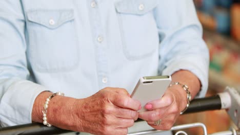 mujer mayor enviando mensajes de texto en el supermercado