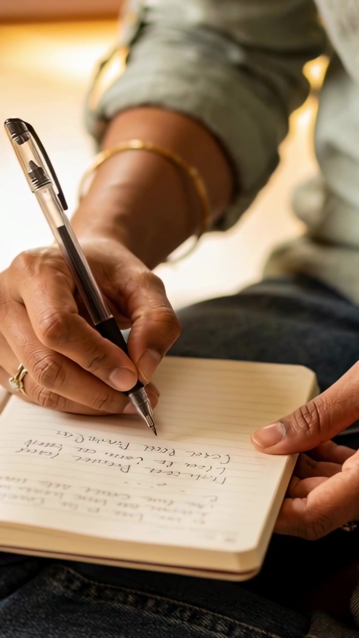 Vertical video: Tapping pen on notebook, male hands making list on lap in rolled sleeves and jeans