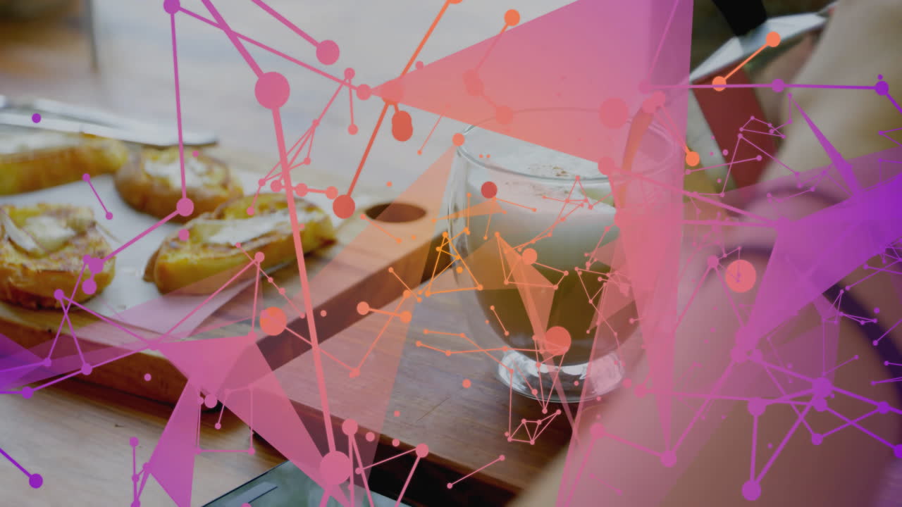 barista arm pouring latte beside pastries smartphone in food tech scene with floating network nodes