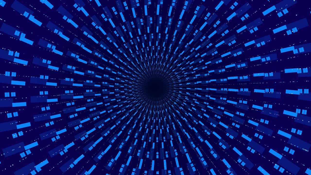 Visual tunnel animation radial symmetry glowing digital blocks converging center point geometric