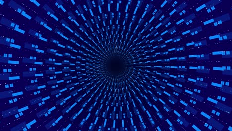 visual tunnel animation radial symmetry glowing digital blocks converging center point geometric