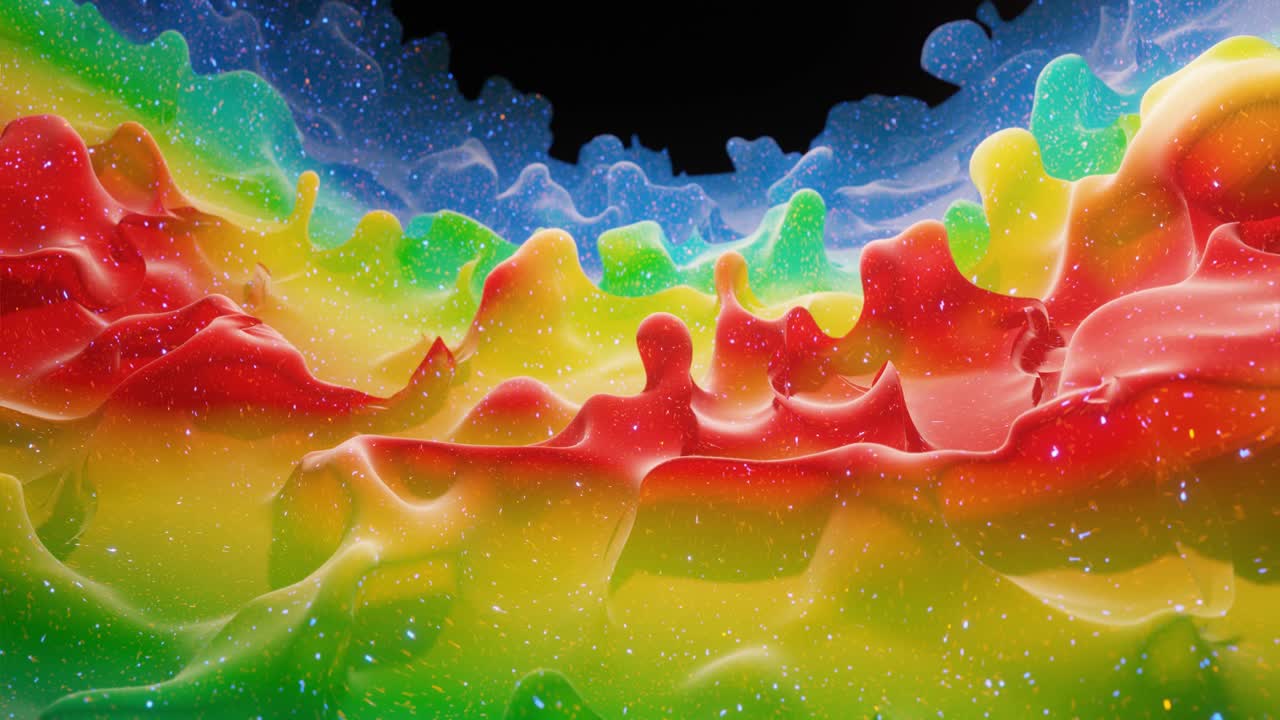 4k에서 액체 그라디언트 무지개 색의 부드러운 추상 애니메이션, 추상적인 루프 축제 배경으로 밝은 매트 페인트 표면, 방울처럼 표면에 3d 스플래시와 함께 점성 액체에 반이는.