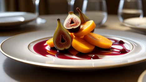 elegant plated dessert featuring fresh figs, sliced fruit, and berry coulis