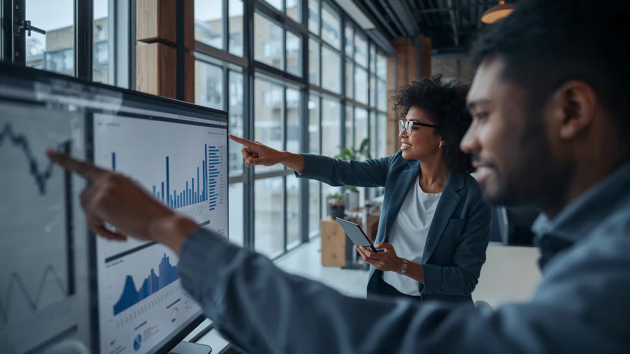 Bar spike, woman in blazer pointing, explaining data in office with display, copy space
