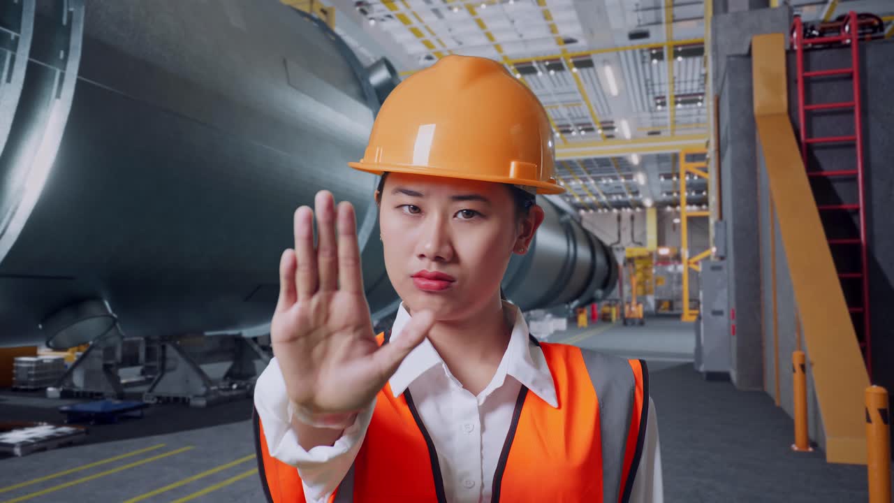 안전 헬을 입은 아시아 여성 엔지니어가 파이프 제조 공장에서 서 있는 동안 손 표시 없이 불쾌감을 표합니다.