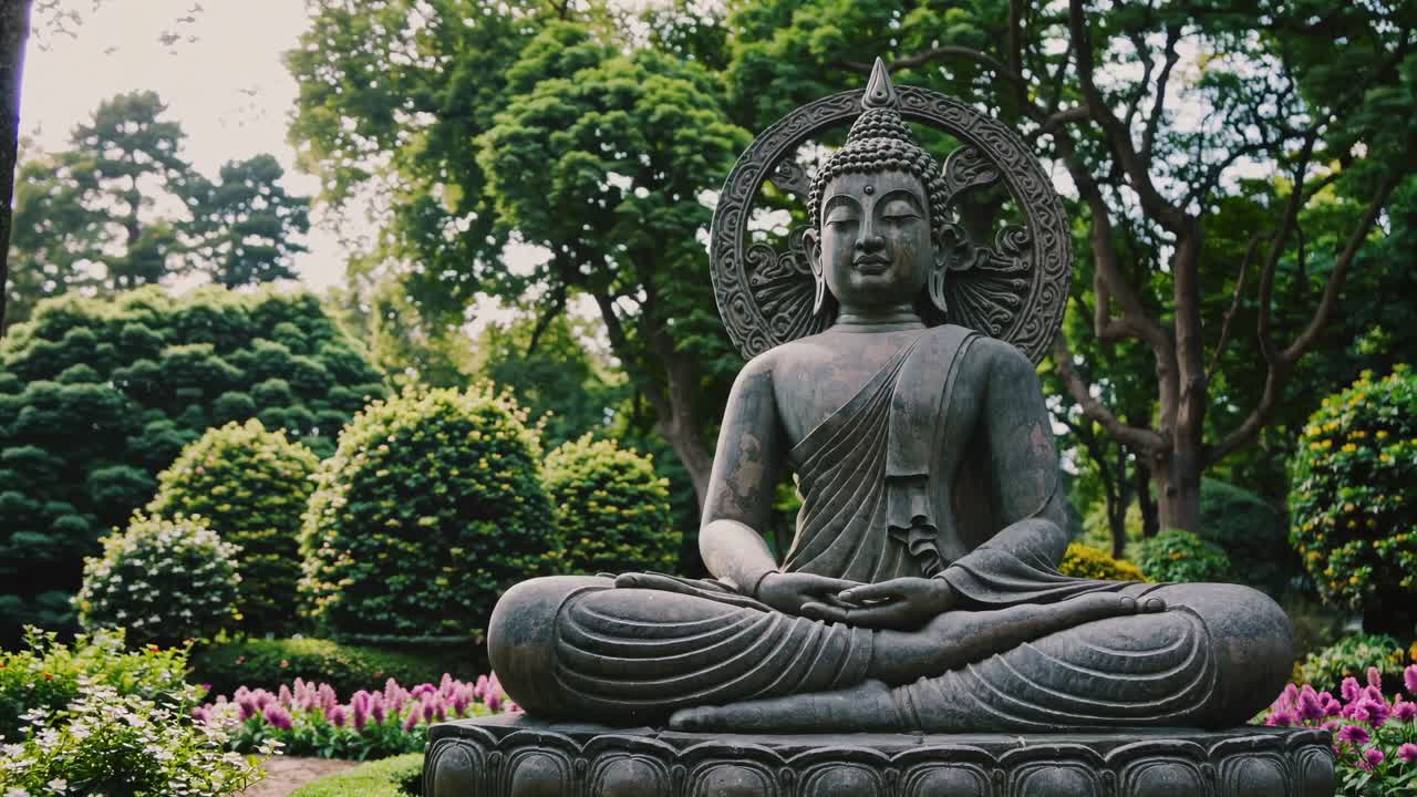 Low-angle video shot of a serene Buddha statue in a lush garden, emphasizing tranquility