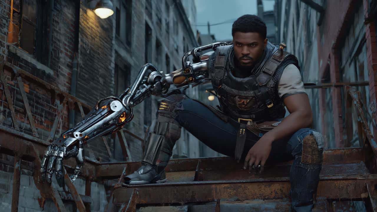 A man with a robotic arm in an urban setting