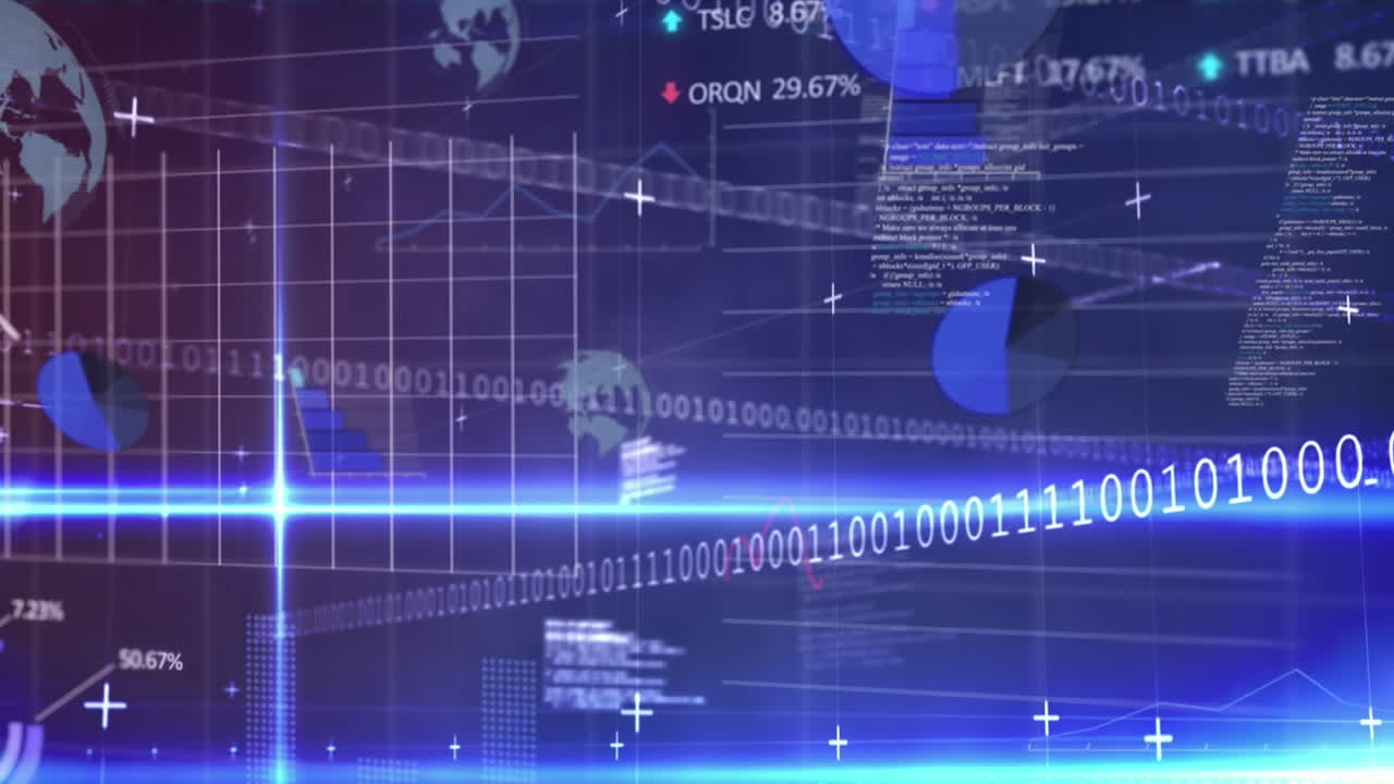 이진 코드, 컴퓨터 언어, 여러 그래프 및 추상적인 배경에 대한 지구의 애니메이션