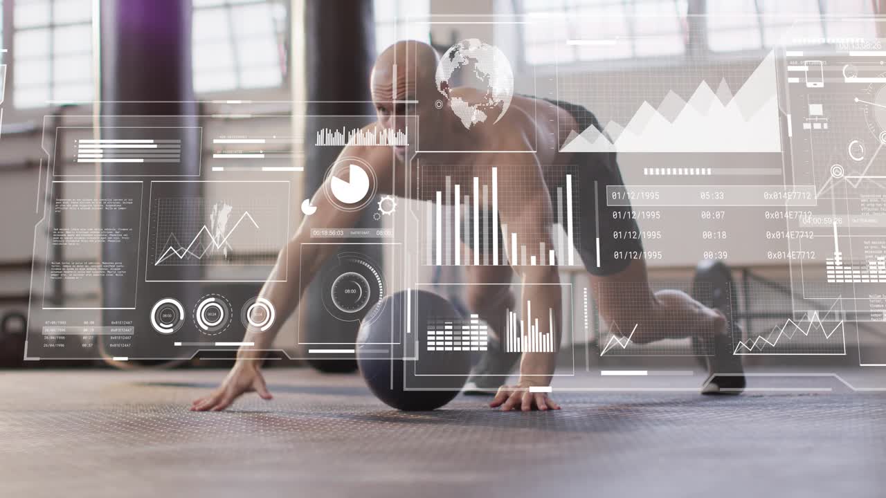 Man doing medball push-ups in gym, reaching ball to regain balance while HUD charts sweeping