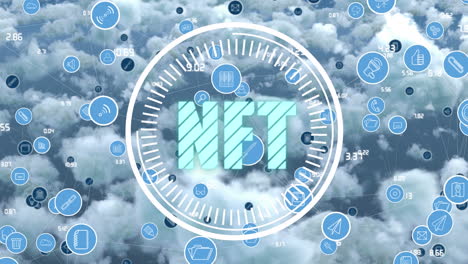 animación de iconos tecnológicos y nft en el círculo de procesamiento sobre nubes