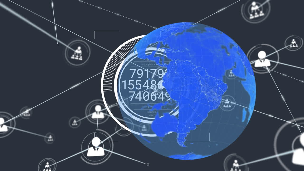 검은색 배경 위에 움직이는 원, 지구와 연결된 아이콘의 숫자의 애니메이션