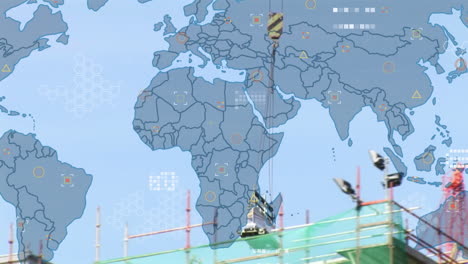 animación del procesamiento de datos sobre el mapa del mundo contra el sitio de construcción