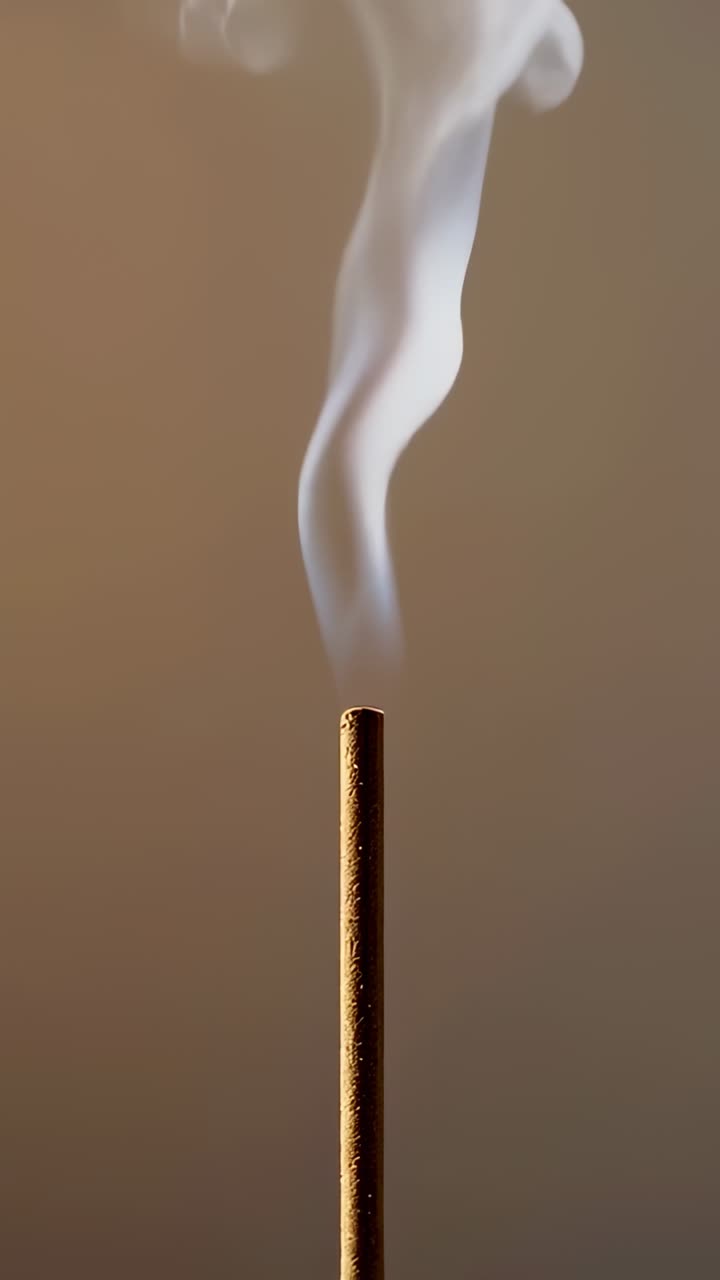 Vertical video: Emitting curling white-gray smoke, lit incense stick rising ribbons at quiet room