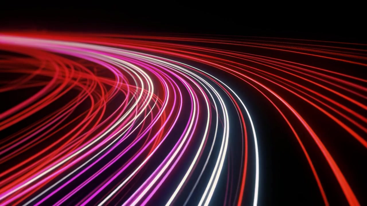 Linee Luminose Dinamiche Rosse e Rosa che si Curvano in Movimento