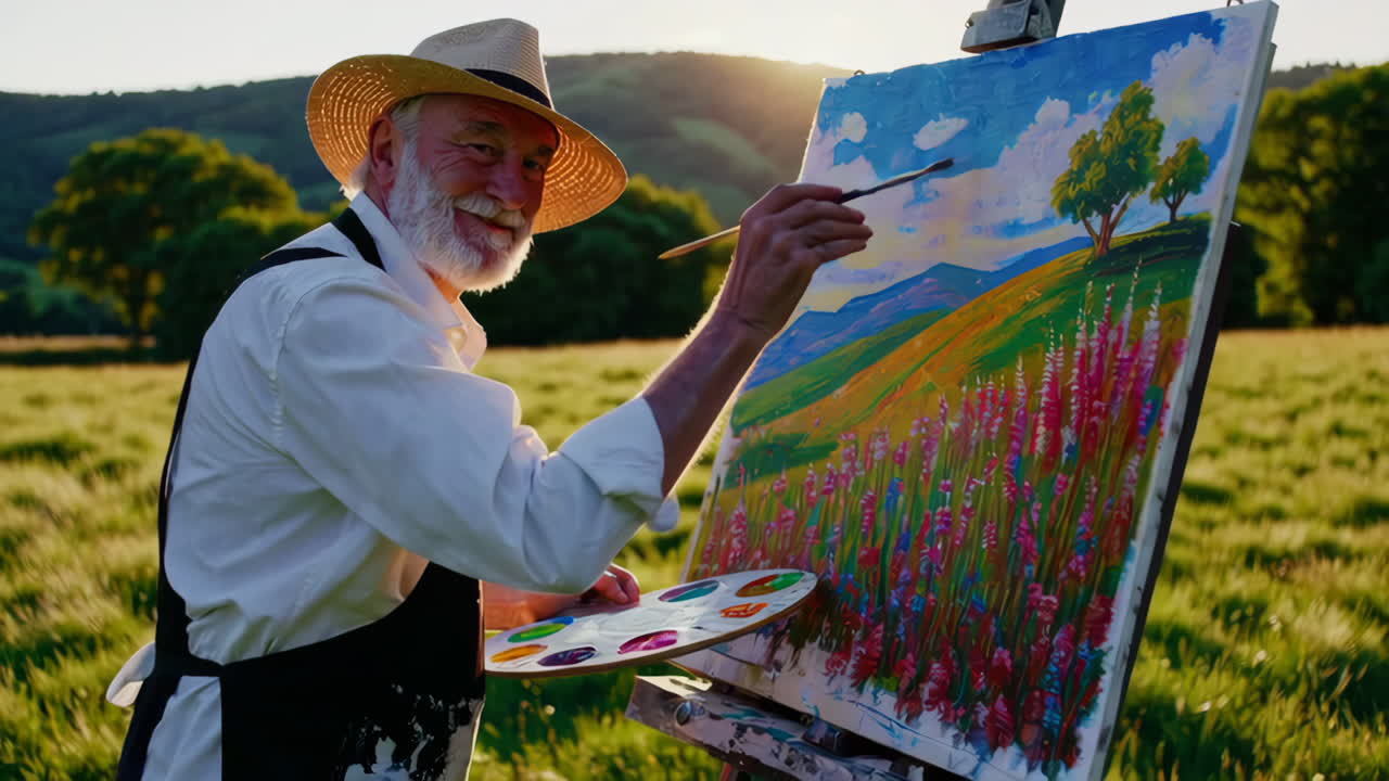 Senior Artist Painting a Landscape in a Field
