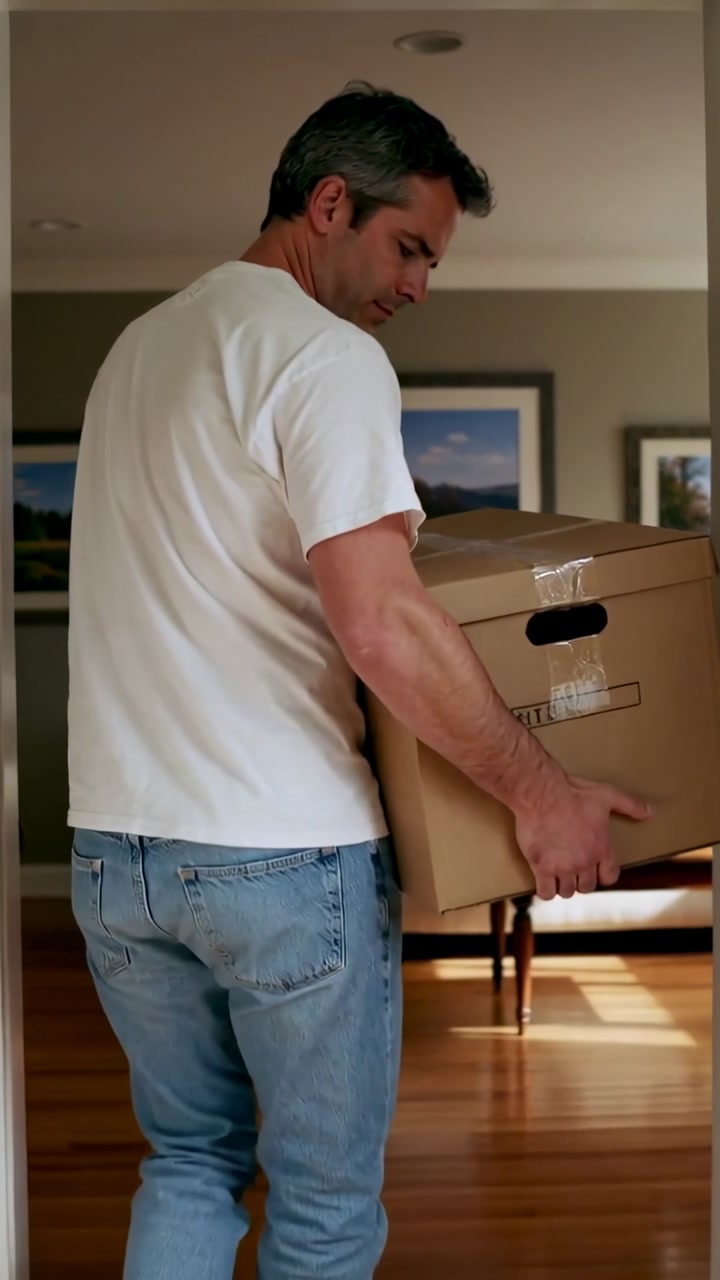 Vertical video: Pausing at doorway, man in white tee angling taped box into room, clearing doorway