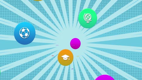 animación de iconos coloridos sobre rayas blancas sobre fondo azul