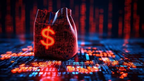 Digital wallet with binary code design. A digital wallet displaying a glowing dollar sign among flowing binary code elements, representing modern finance.