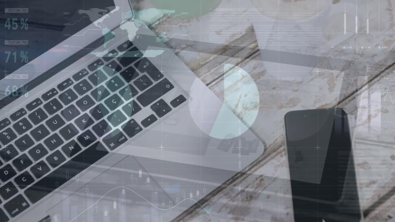 animación del procesamiento de datos estadísticos contra computadora portátil, teléfono inteligente y gafas en una mesa de madera