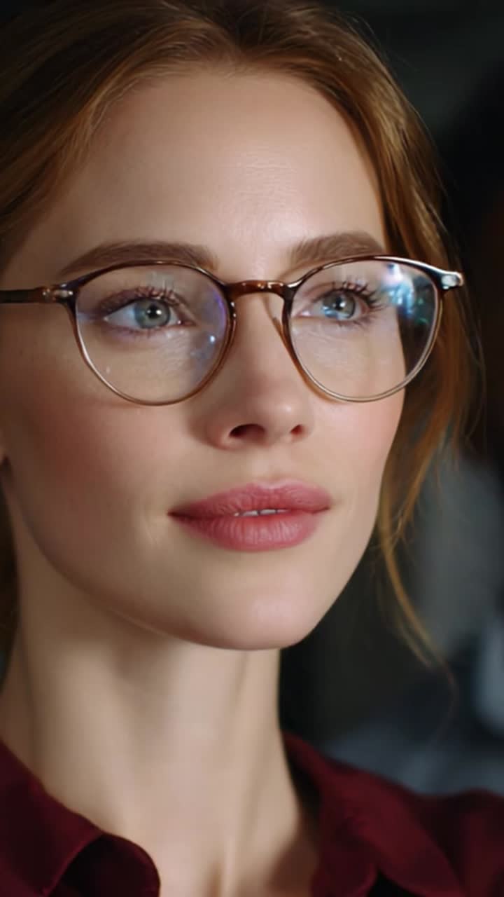 Primo piano di una donna pensierosa con gli occhiali, che mette in risalto il suo sguardo intenso e i suoi tratti eleganti, catturando un momento di riflessione o ispirazione
