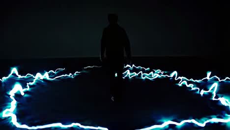 person walking through light trails