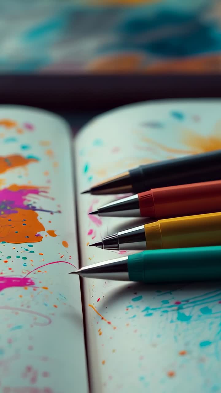 Vertical video: Camera panning across paint splattered sketchbook on desk with pencils, copy space