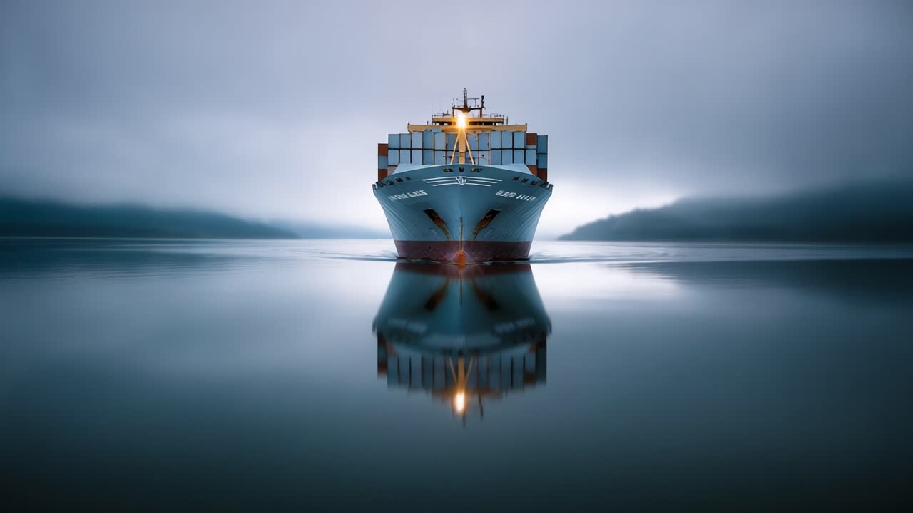 A Majestic Container Ship Navigating Through Calm Waters Under a Misty Sky, Reflecting the Serenity of Nature and Human Endeavors in Maritime Navigation