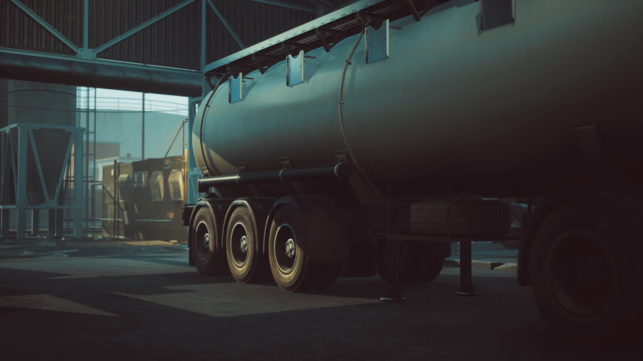 일찍 아침 빛 동안 창고에서 산업 운송 차량