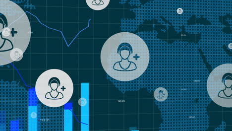 animation of people icons and graphs over data processing and network on world map