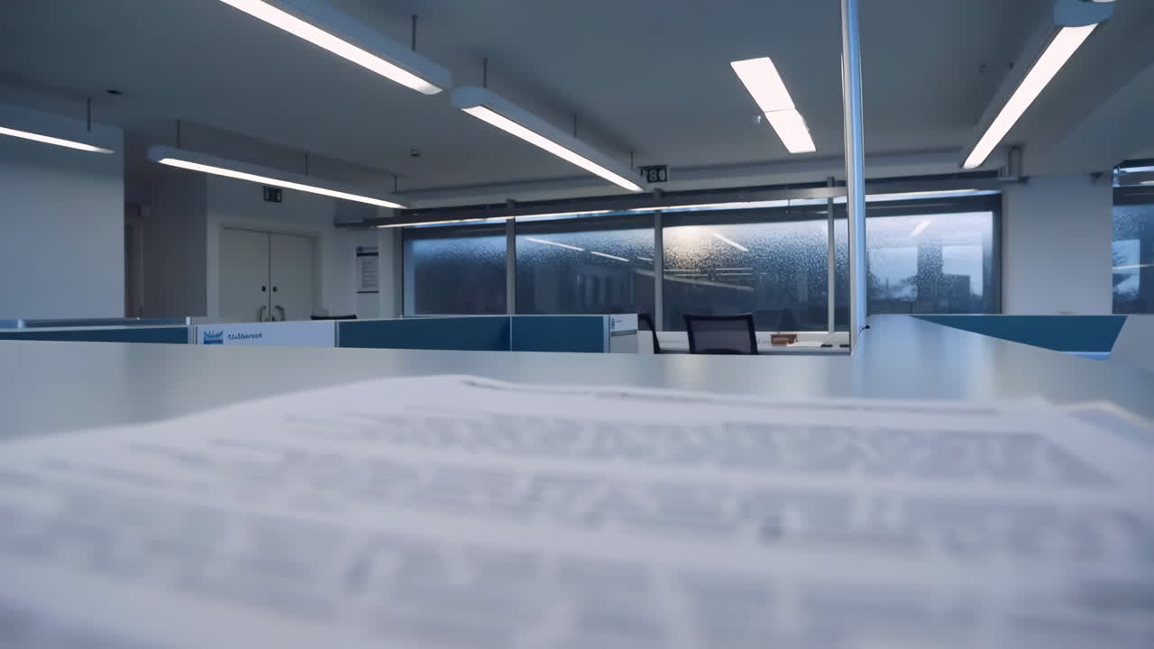 Empty office workspace with desks and documents