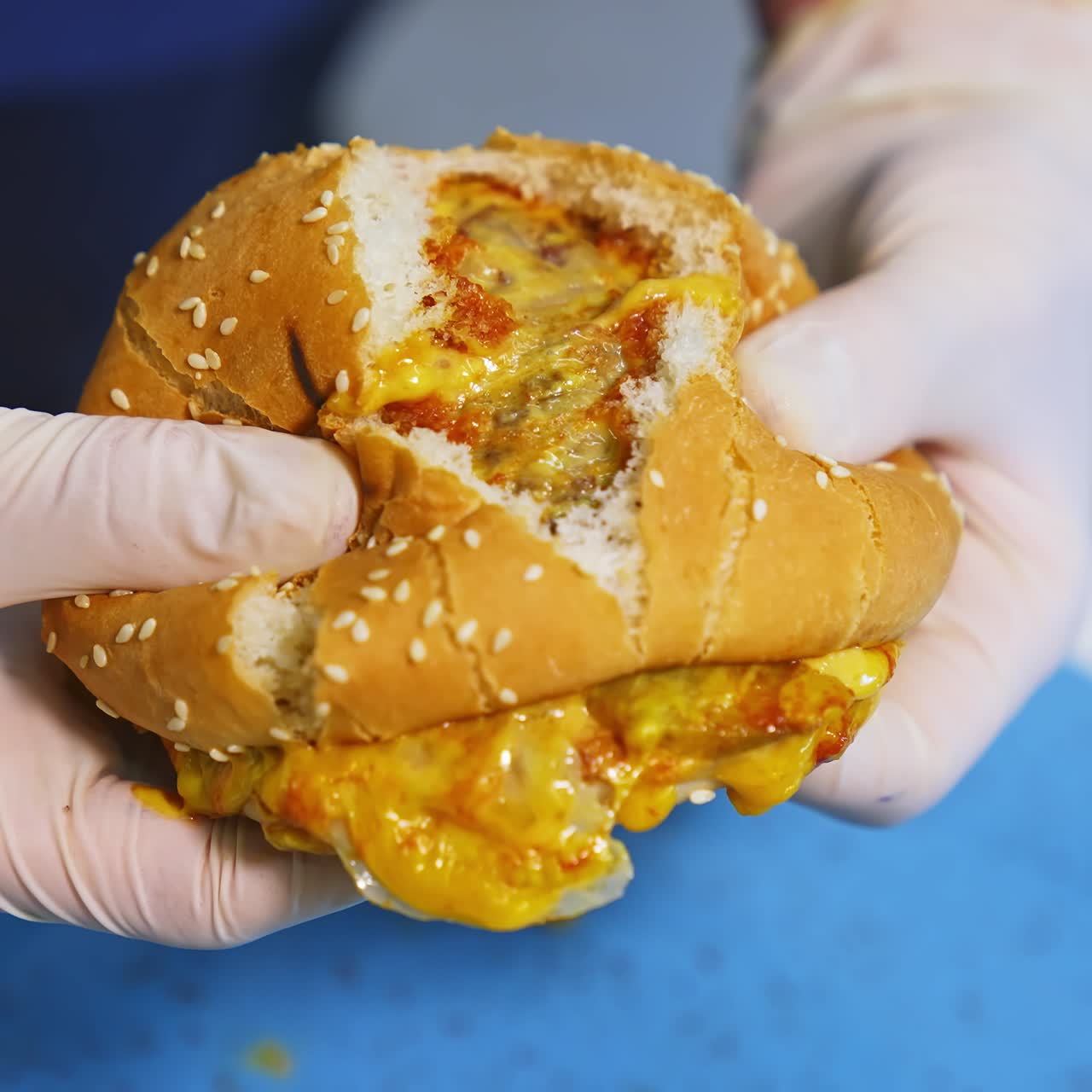 Fast food. Macro view of breaking burger. Hands in white latex gloves break burger in a half, showing tasty cheese and cutlet. Closeup
