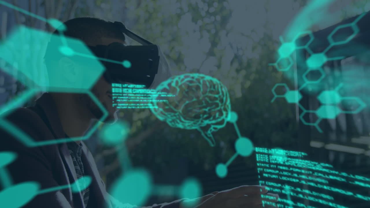 Animation of human brains spinning and data processing over businessman wearing vr headset