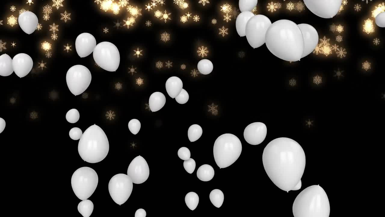 Animation of white balloons and snow falling over black background