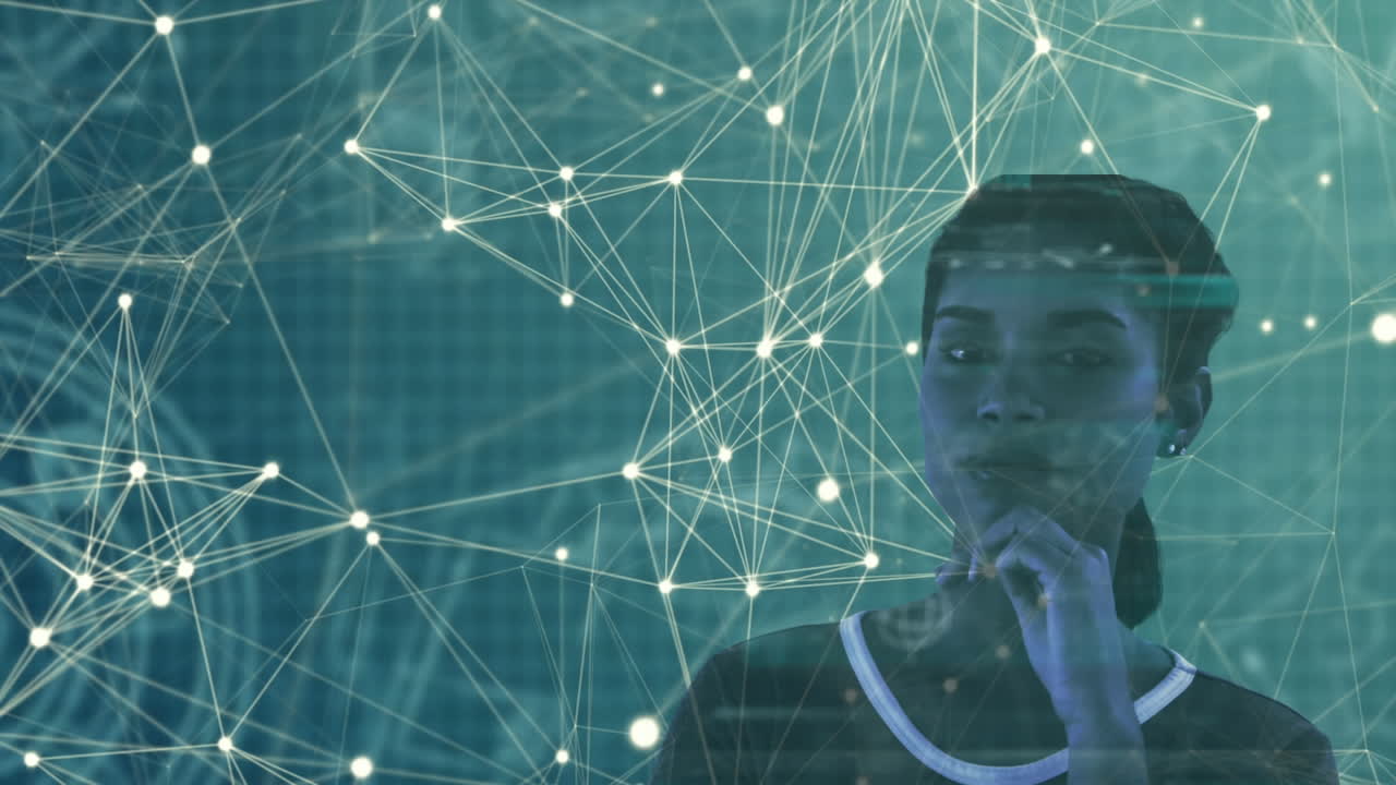 retrato de una mujer biracial con una red de conexiones moviéndose en la cuadrícula en el fondo