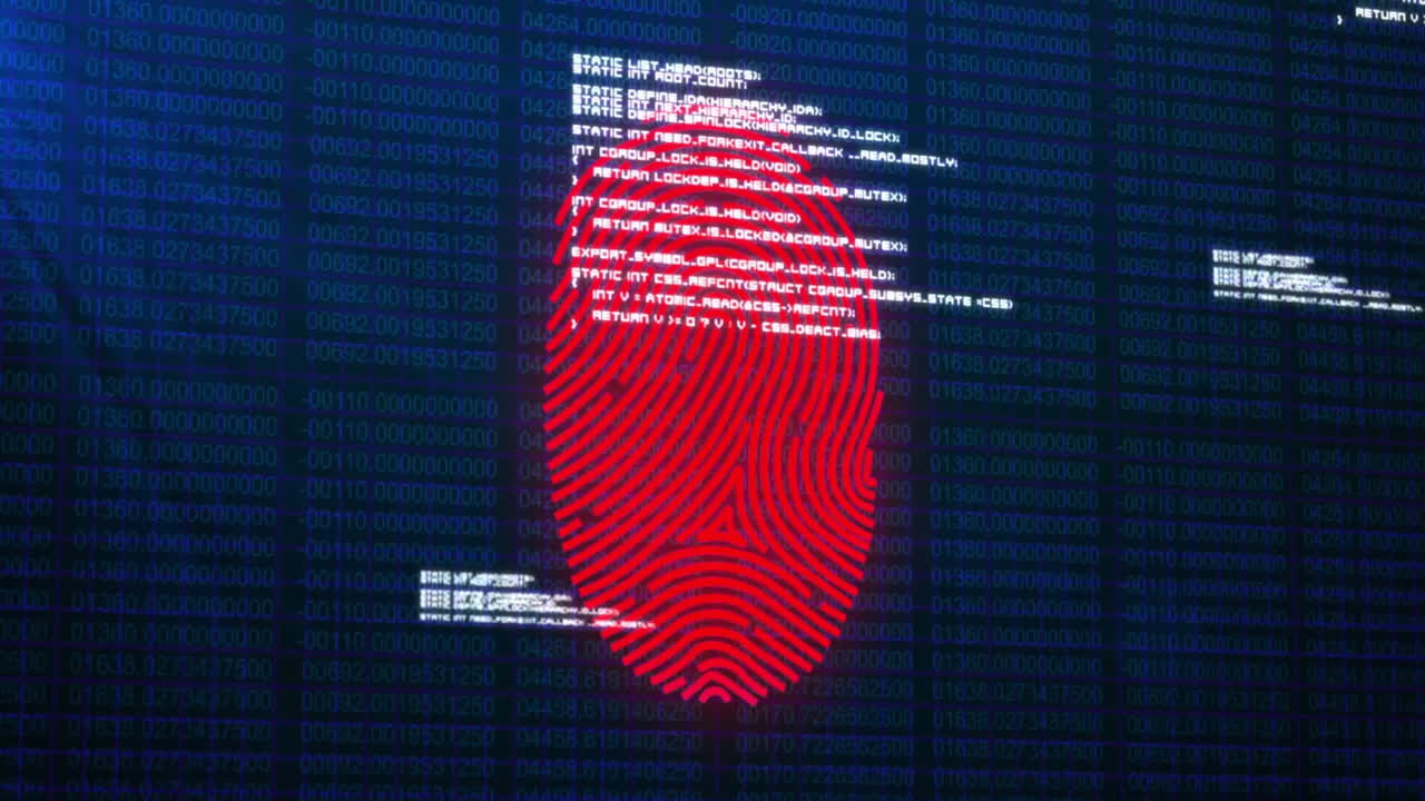 Fingerprint scan animation over binary code and data processing background