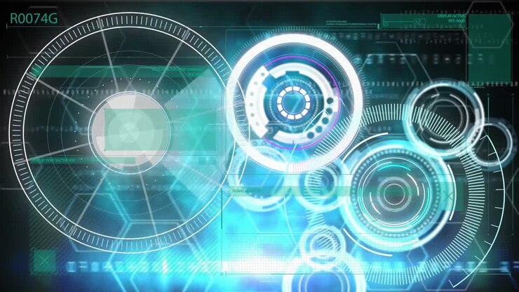 Animation of neon round scanners over interface with data processing and blue light spot