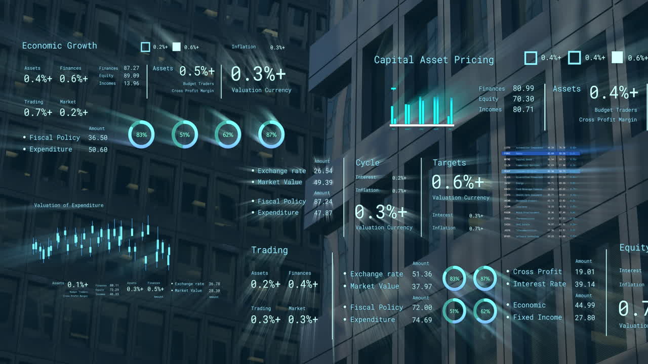 Animation of financial data processing over cityscape