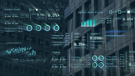 animación del procesamiento de datos financieros sobre el paisaje urbano