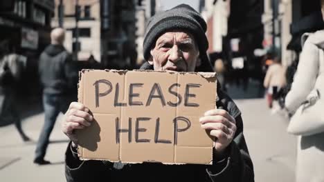 an emotional appeal for assistance: a captivating moment captured in two frames highlighting a man's request for help in a crowded city environment.