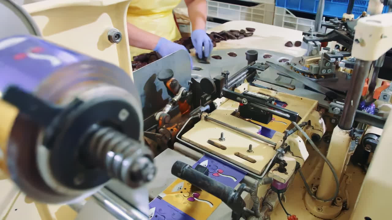 Food production on conveyor in factory. Packaging conveyor of sweets in plastic packaging.