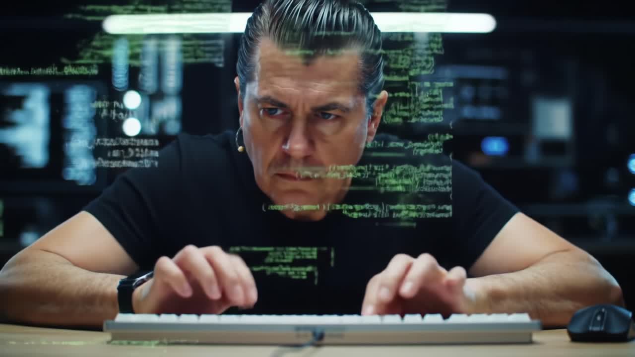 A Focused Individual Engaged in Coding: Captivating Frames of a Programmer Typing Rapidly Amidst Streams of Code in a Dimly Lit Environment