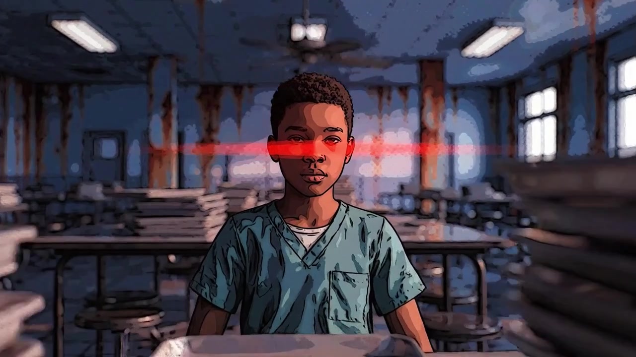 A young boy sits in a dilapidated classroom, surrounded by worn-out furniture, evoking a sense of isolation and reflection in an eerie, abandoned atmosphere.