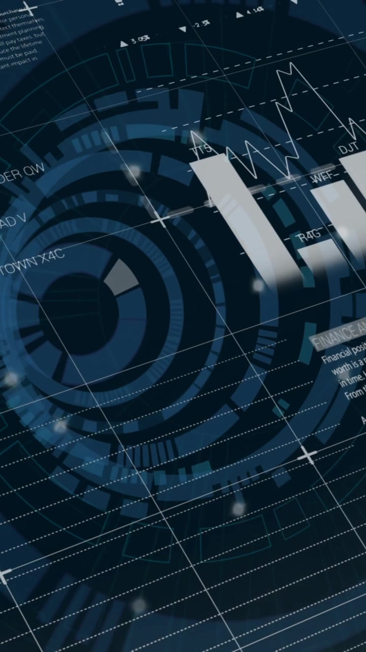 Animation of financial data processing over black background