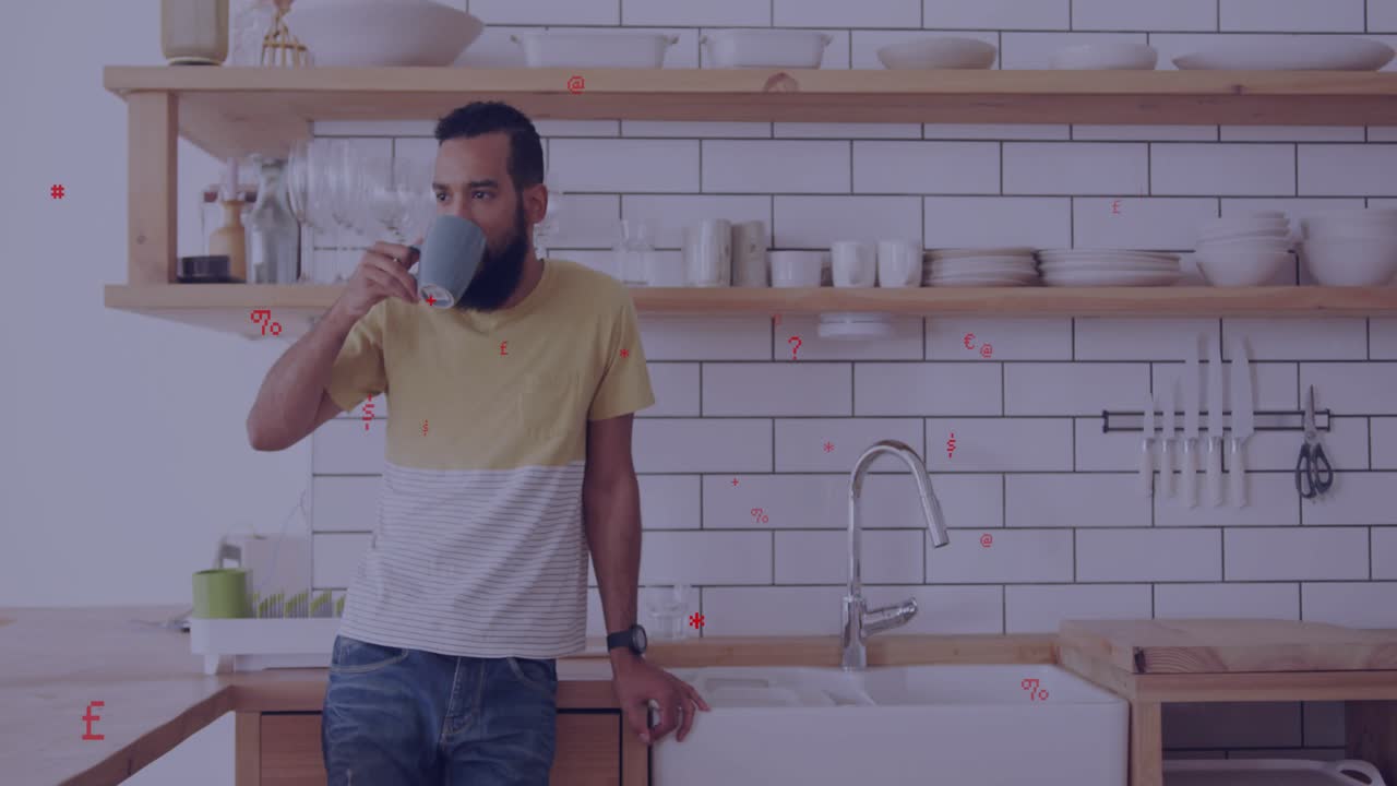 Man at sink starting to sip from mug while animated hydration gauge floating highlighting health