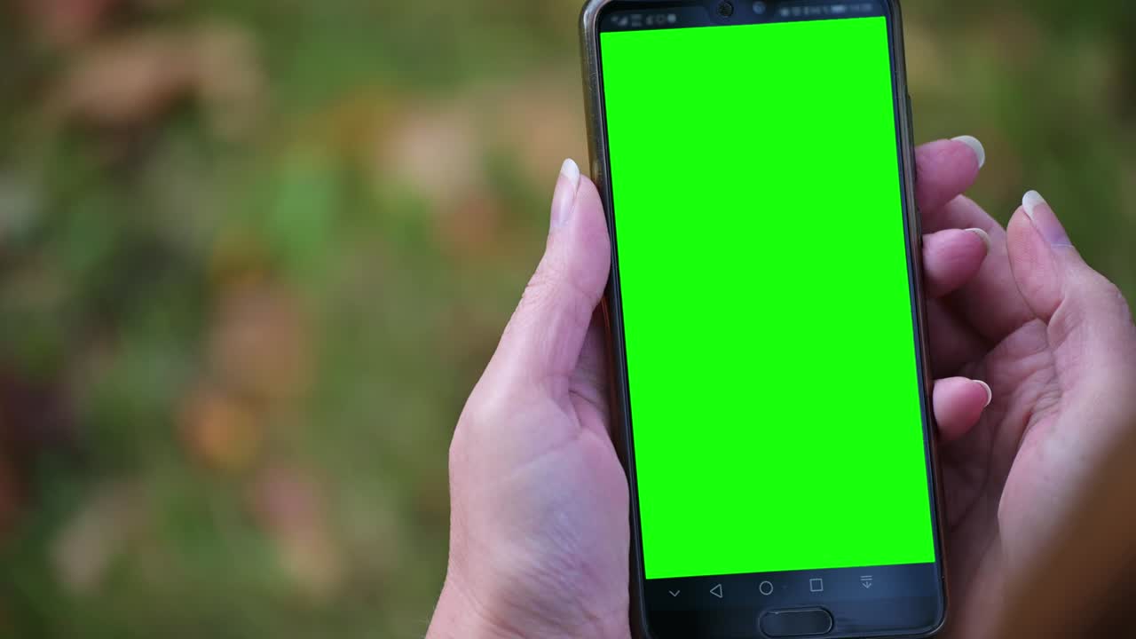 Close-up woman using smartphone  with green screen on autumn blurred background.  Hand holding mobile phone.