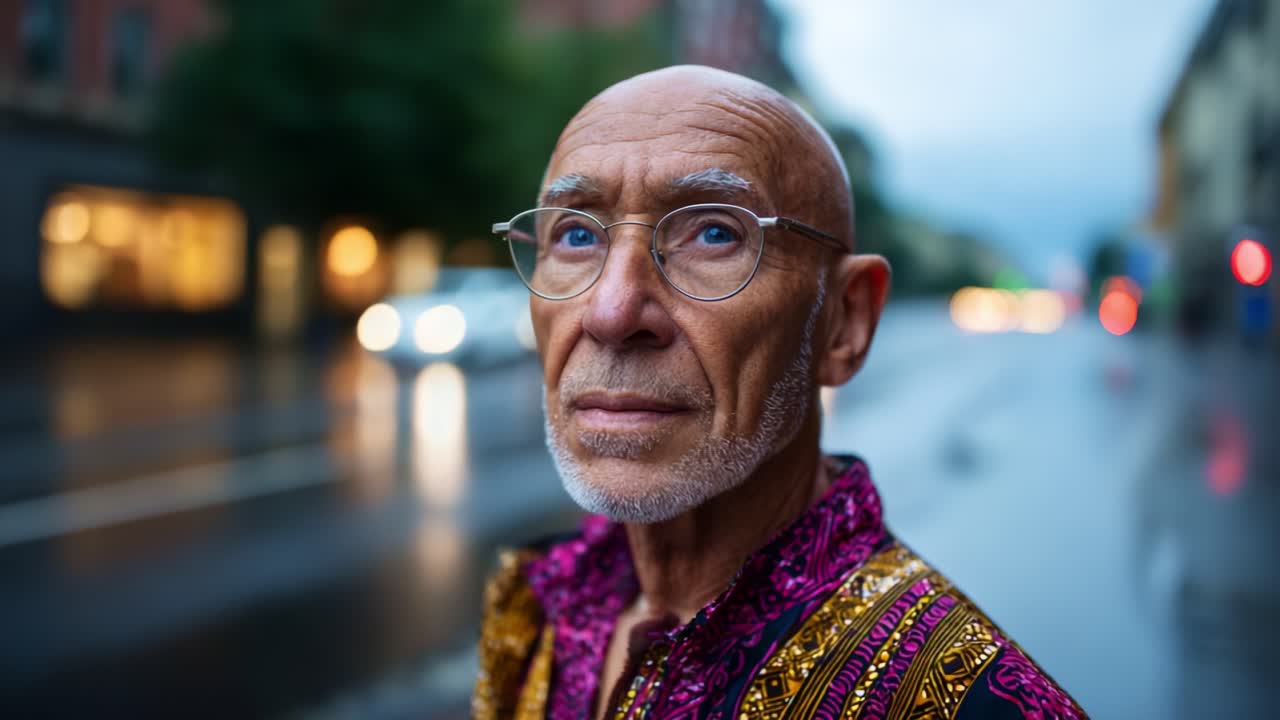 Uomo anziano pensieroso in abiti colorati in piedi su una strada piovosa, che cattura l'essenza della vita urbana con espressione riflessiva e illuminazione serale soffusa